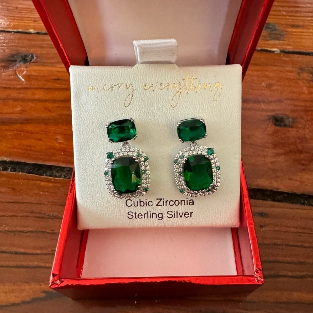 Rachel Zoe New York Sterling Silver CZ Dangling Emerald Green Dangling Earrings